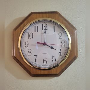 Ingraham Vintage Octagon Wall Clock in Warm Wood and Gold